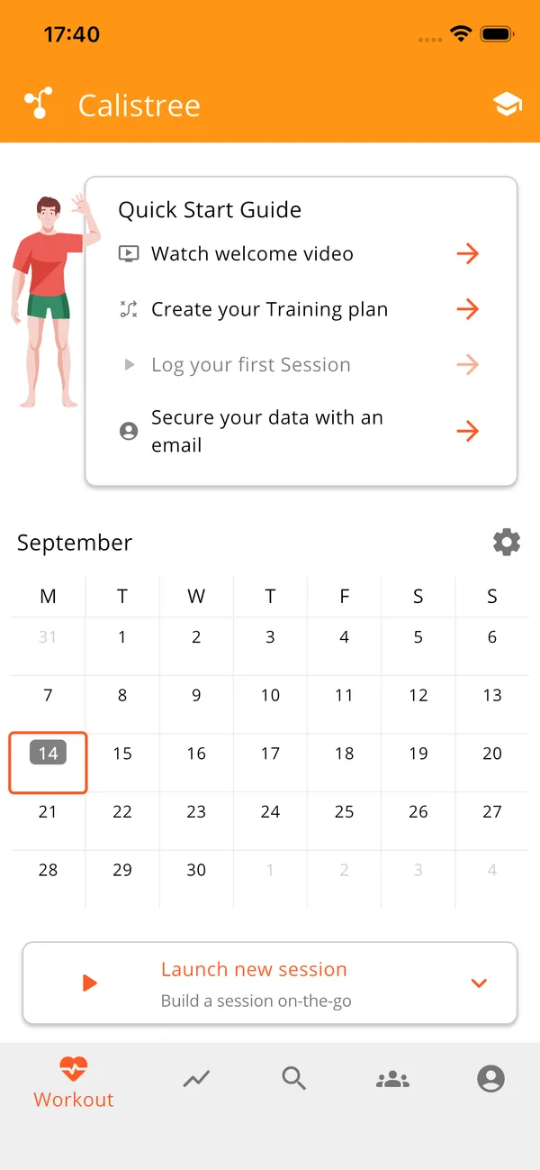 The Calistree home screen with the training calendar