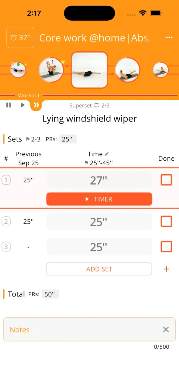 A Calistree workout in progress, logging timed sets of a core superset